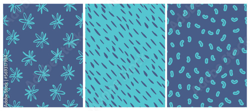 Simple Abstract Doodle Seamless Vector Patterns. Hand Drawn Spots, Flowers and Lines Isolated on a Turquoise and Dark Blue Background. Cute Irregular Geometric and Floral Repeatable Print. 