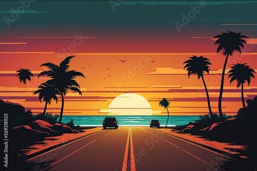 cartoon illustration, tropical sunset and road with palm trees, ai generative