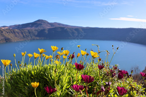 scenic view of Lake Albano from the town of Castel Gandolfo, south of Rome, Italy