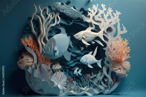 Fish in the ocean in paper art style. Generative AI. 