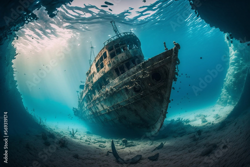 Foto wrecked ship underwater. generative ai.