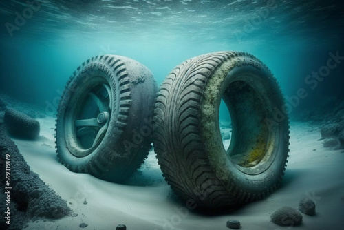 Garbage and flat tires thrown to the bottom of the ocean. Generative Ai. 