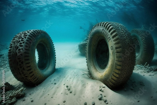Garbage and flat tires thrown to the bottom of the ocean. Generative Ai. 