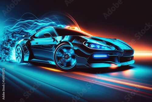3D Speeding sports car on highway. Powerful acceleration of a supercar on a night track with neon lights and trails. Generative AI