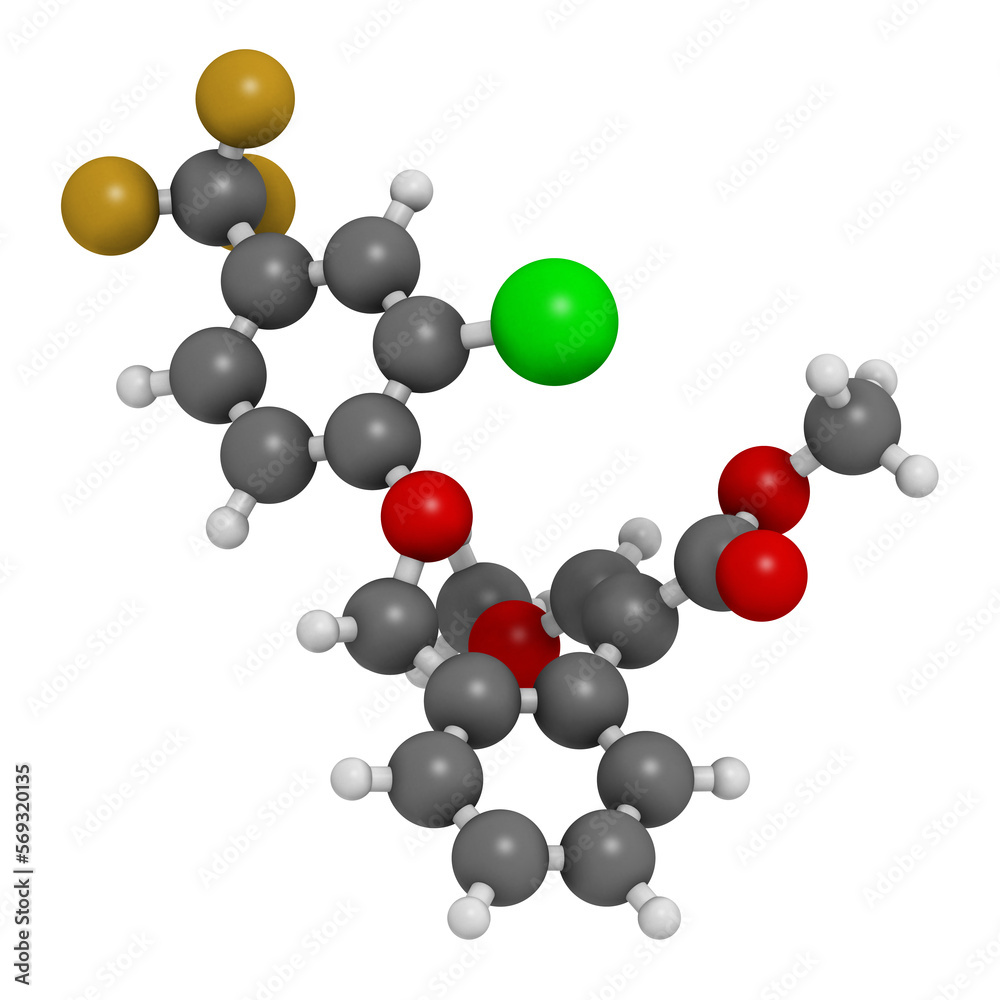 Flufenoxystrobin fungicide molecule. 3D rendering. Flufenoxystrobin fungicide molecule. 3D rendering.