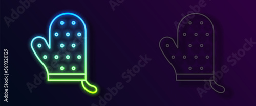 Glowing neon line Oven glove icon isolated on black background. Kitchen potholder sign. Cooking glove. Vector