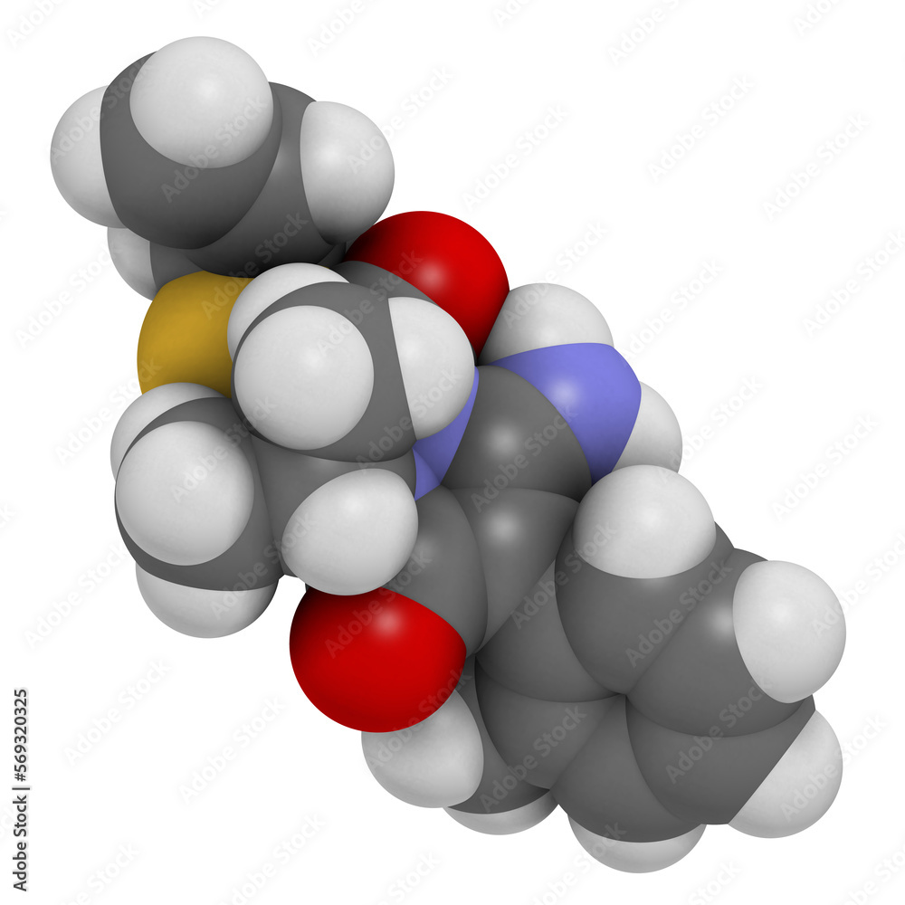 Fenpyrazamine fungicide molecule. 3D rendering. Fenpyrazamine fungicide molecule. 3D rendering.