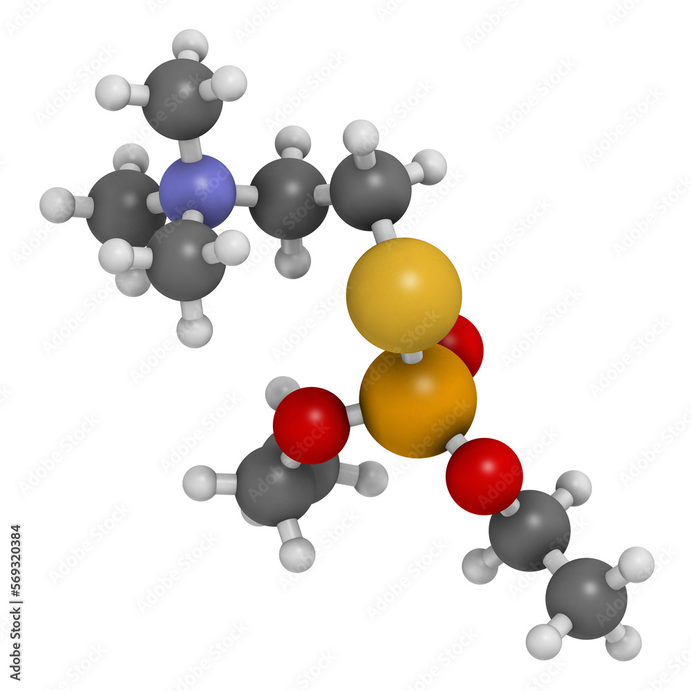 Echothiophate (phospholine) drug molecule. 3D rendering. Echothiophate (phospholine) drug molecule. 3D rendering.
