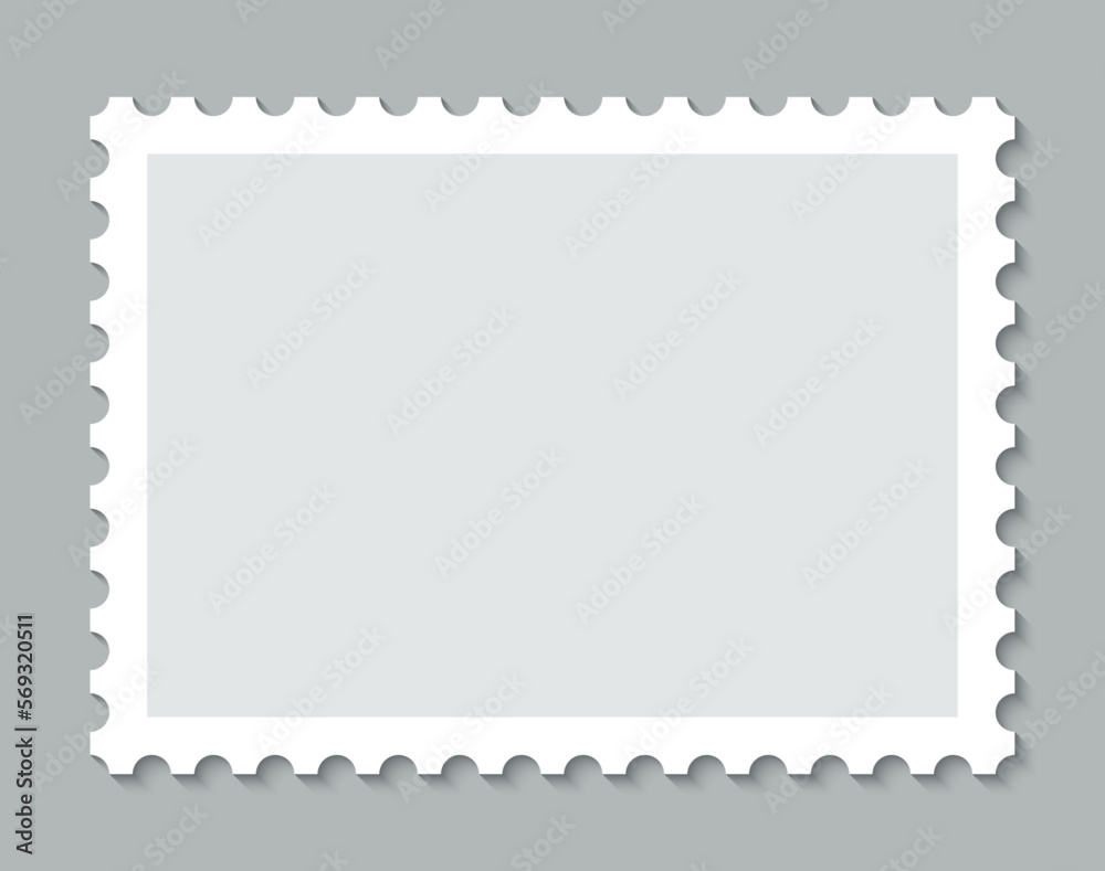 Post stamp. Postal rectangular frame. Empty mail stamp. Postage perforated label. Blank border for envelope letter. White paper postmark isolated on gray background. Vector illustration. Post stamp. Postal rectangular frame. Empty mail stamp. Postage perforated label. Blank border for envelope letter. White paper postmark isolated on gray background. Vector illustration.