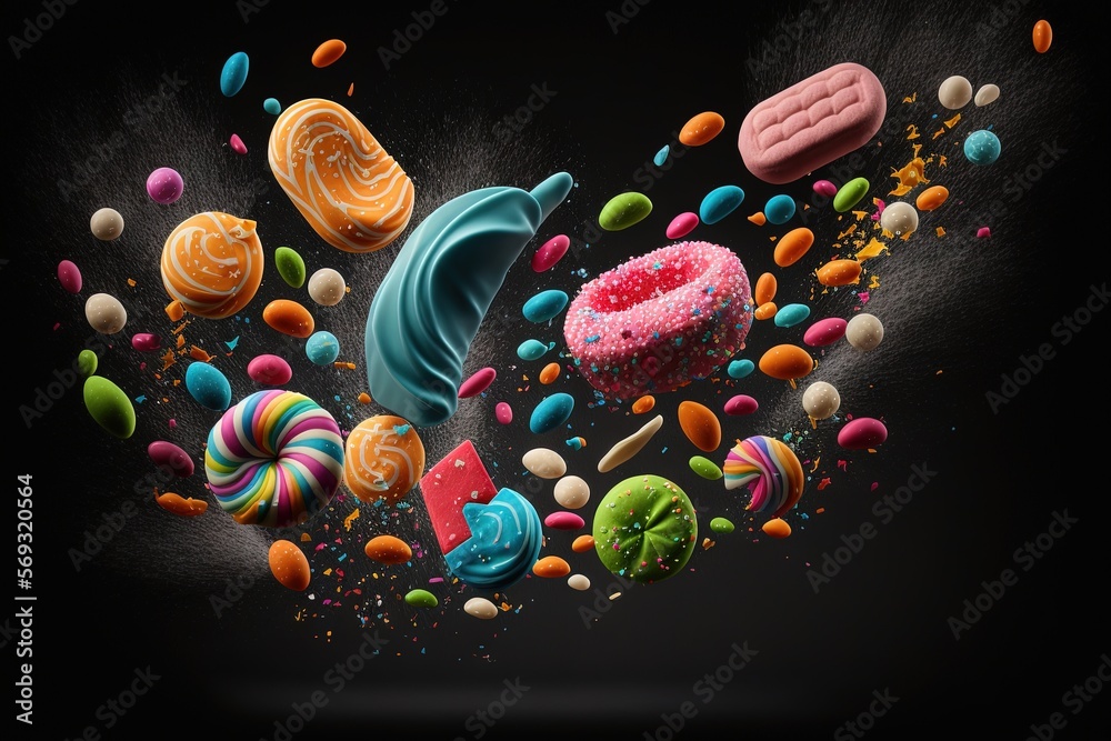 Φωτογραφία a variety of donuts are flying through the air with sprinkles and candy on the ground in the air and on the ground