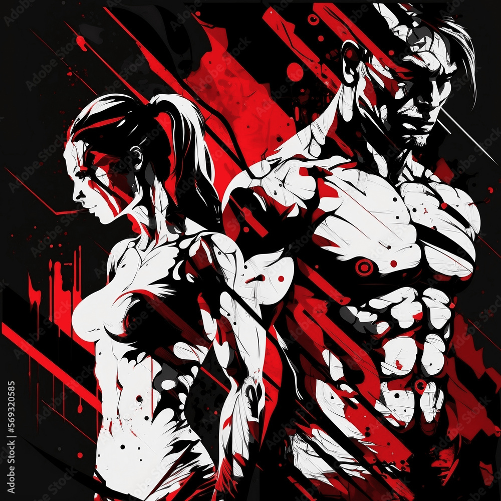 Generative AI Red, Black, and White Abstract Male & Female Muscular Body Art, Fit and Toned Body, Workout, Muscular
