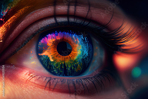 Magical macro shot of an eye of elf girl. Digitally generated AI image