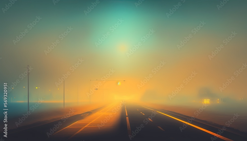 a foggy road with a train on the tracks in the distance and a street light in the distance on a foggy day in the middle of a city. generative ai a foggy road with a train on the tracks in the distance and a street light in the distance on a foggy day in the middle of a city. generative ai