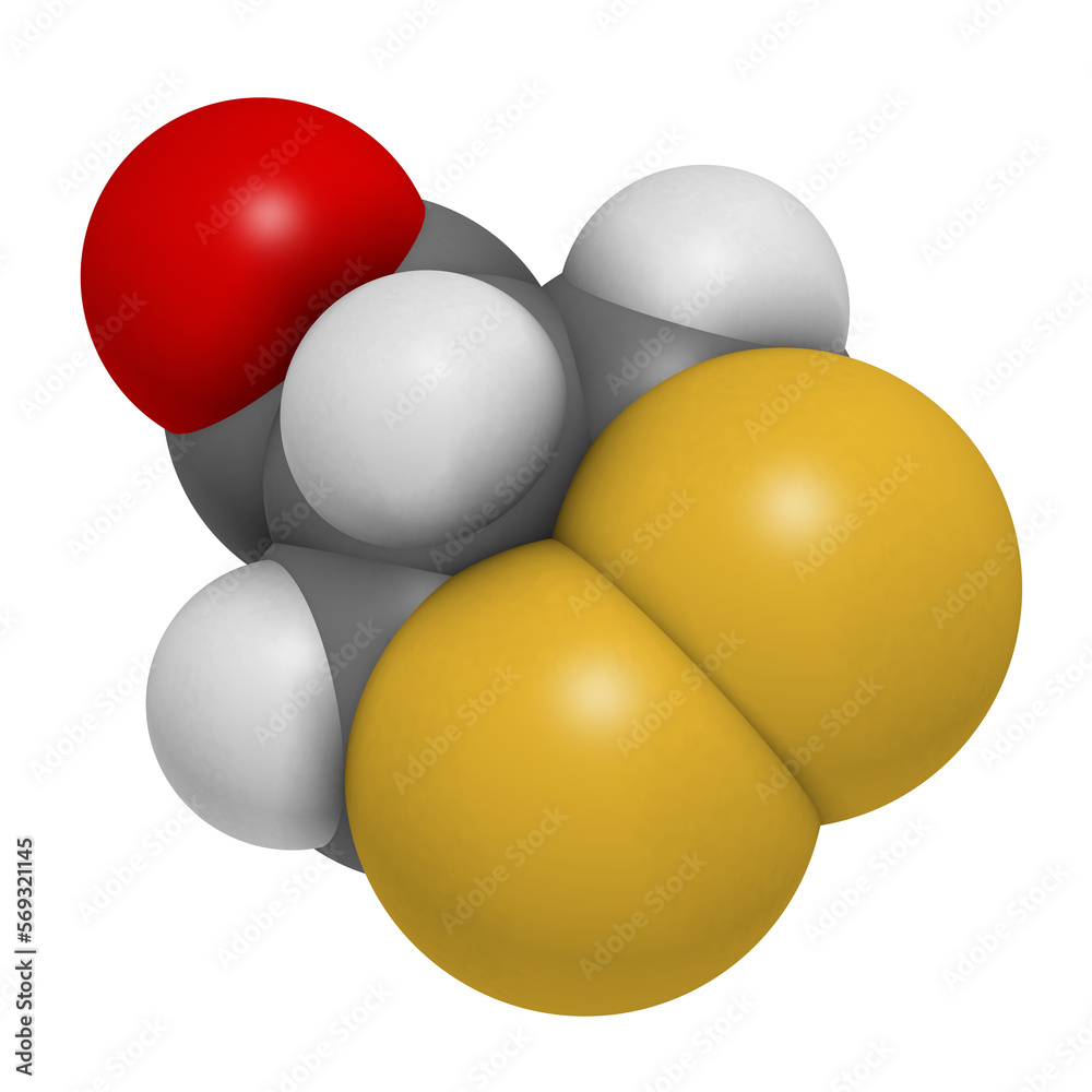 Asparagusic acid molecule. Organosulfur compound present in asparagus that is responsible for the typical urine odour after eating asparagus. 3D rendering.