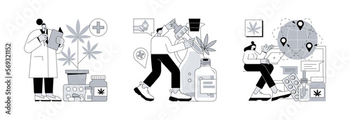 Medical cannabis abstract concept vector illustration set. Medical marijuana, hemp seed oil, hemp products distribution, cancer pain and inflammation relief, sativa plant pharmacy abstract metaphor.
