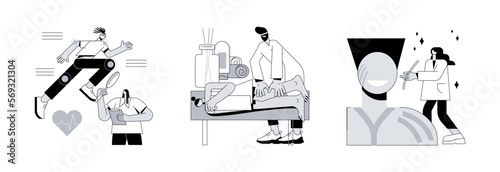 Physical therapy abstract concept vector illustration set. Sport medicine, professional massage therapy, kinesiology taping, pain relief, wellness relaxation, bandage application abstract metaphor.