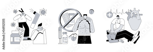 Allergic reaction abstract concept vector illustration set. Allergic disease, drug allergy, CPR, first aid, antihistamines therapy, skin rash, dermatology clinic, anaphylactic shock abstract metaphor.