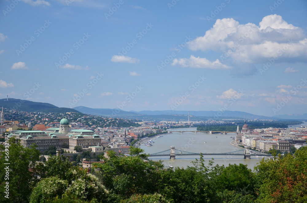 Aerial view of the Danube River through Budapest