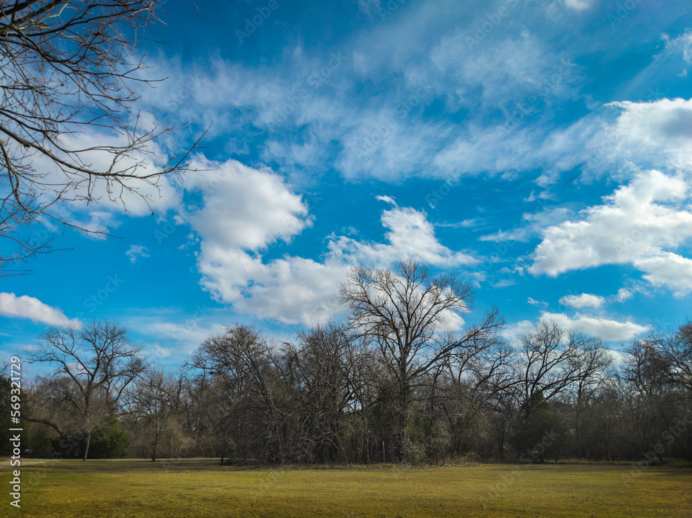 Obraz premium Scattered clouds in a deep blue sky over a suburban park