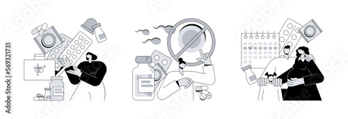 Pregnancy planning abstract concept vector illustration set. Birth control, contraception and family planning, gynecologist visit, become parents, hormonal contraception abstract metaphor.