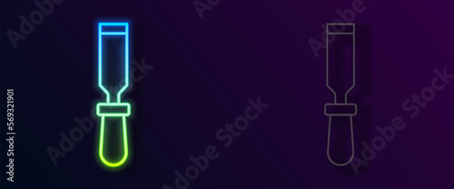 Glowing neon line Chisel tool for wood icon isolated on black background. Vector
