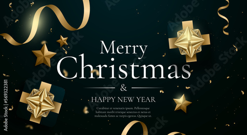 Merry Shristmass sale banner template, poster, greeing card, new year discount, gift boxes, green background, golden style