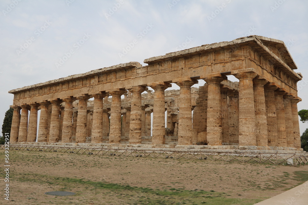 Sideview of Temple of Poseidon in Paestum, Campania Italy
