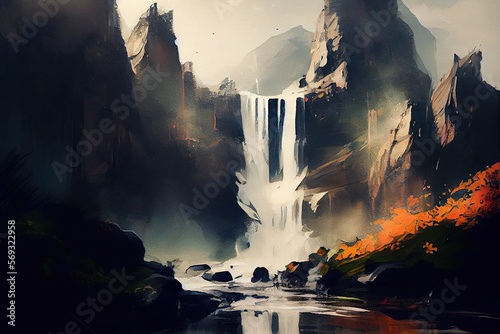landscape with waterfall and mountain, contemporary color ink oil painting, generative AI Art 
