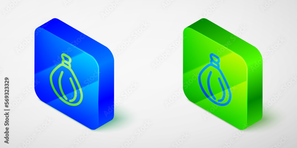 Isometric line Garbage bag icon isolated grey background. Blue and green square button. Vector Isometric line Garbage bag icon isolated grey background. Blue and green square button. Vector