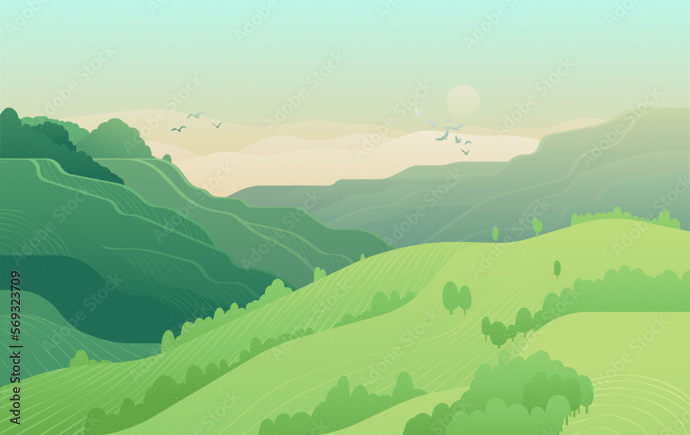Summer landscape with hills, mountains and birds at sunset. Grain texture vector illustration Summer landscape with hills, mountains and birds at sunset. Grain texture vector illustration