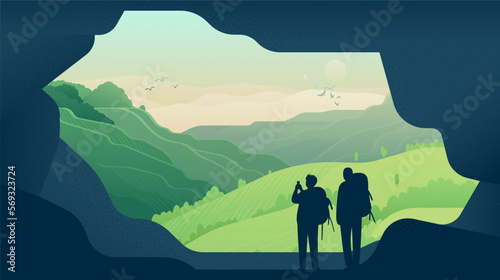 Ecotourism concept. Tourists with backpacks observe mountain landscape. Travelers standing in rock cave and take pictures. Grain texture vector illustration