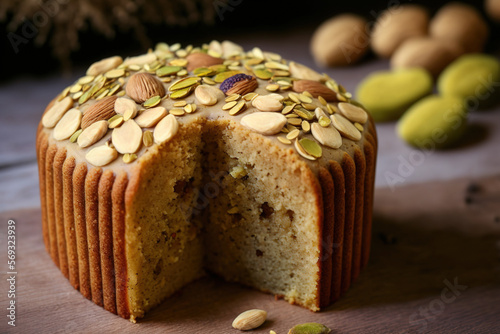 Cake. Rich and delectable, mawa cake is created from mawa and atta. Serve muffins, dry fruit, and nuts on a background with a wooden texture. Mawa cake made at home. Blackberry, Almond, Cashew, and Pi photo