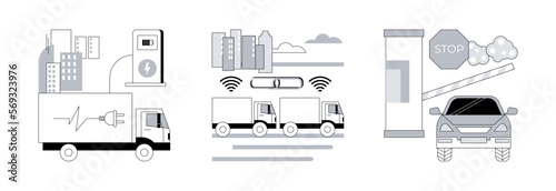 Modern transportation abstract concept vector illustration set. Electric trucks platooning and connectivity, toll road, electric engine, automated highway, motorway entrance pass abstract metaphor.