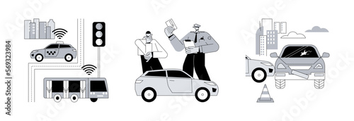 Traffic control abstract concept vector illustration set. Intelligent transport system, traffic fine, road accident, smart driverless car, speed control, driving rules violation abstract metaphor.