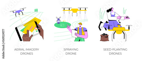 Agricultural drones isolated cartoon vector illustrations set. Aerial imagery drones, spraying and seed-planting automation in smart farming industry, precision agriculture vector cartoon.