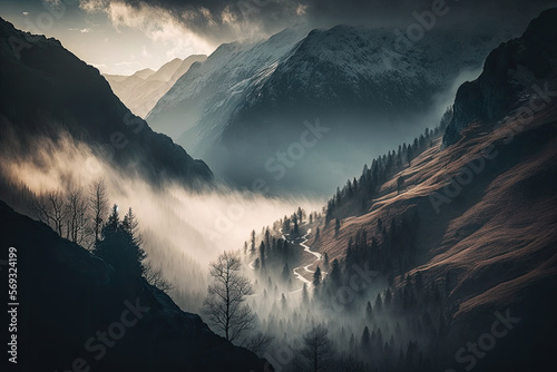 mountain landscape in the fog created with Generative AI technology