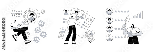 HR and headhunter service abstract concept vector illustration set. Human resources, candidates, performance management, find employee, job applicant, HR management software abstract metaphor.