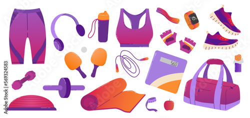 Set of sportswear and sports equipment. Fitness set in flat style. Healthy lifestyle concept. Sports bag, headphones, mat, sneakers, jump rope, dumbbells, ping pong rackets, hemisphere, press roller .