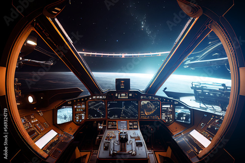 Fototapeta Naklejka Na Ścianę i Meble -  Cabin cockpit view space ship flying in outer space of unknown galaxy.
Digitally generated AI image