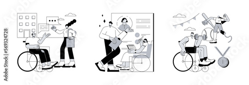 Inclusive social environment abstract concept vector illustration set. Social adaptation of disabled people, disabled employment, sports with physical disabilities, wheelchair abstract metaphor.