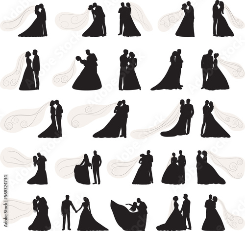 design bride and groom with veil set silhouette isolated, vector