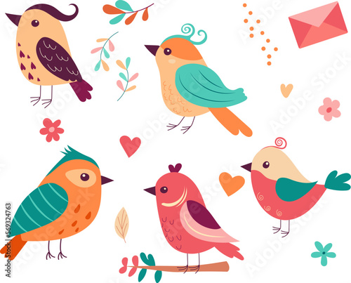 set of cute bird on flower background in flat style on white background, vector
