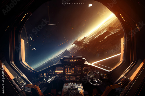 Fototapeta Naklejka Na Ścianę i Meble -  Cabin cockpit view space ship flying in outer space of unknown galaxy.
Digitally generated AI image