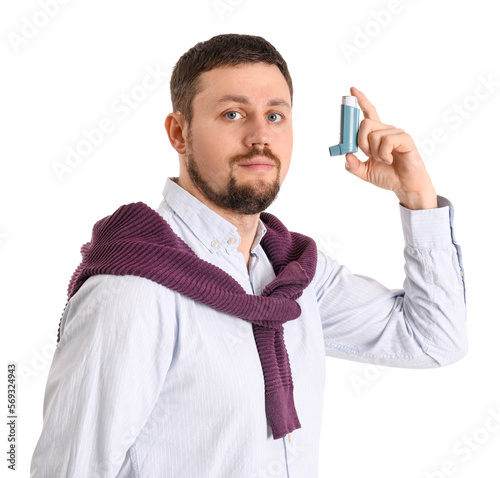 Man with inhaler on white b...
