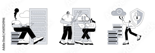 Database security abstract concept vector illustration set. Big data storage, big data engineering, data protection, disk infrastructure, business information safety, access policy abstract metaphor.