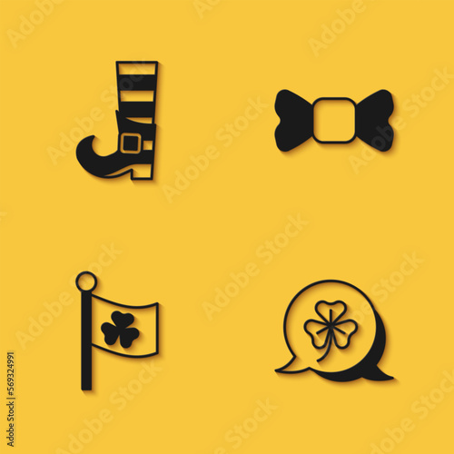 Set Leprechaun boot, Clover trefoil leaf, Ireland flag with clover and Bow tie icon with long shadow. Vector