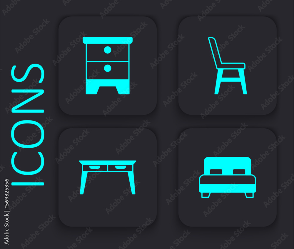 Set Big bed, Furniture nightstand, Chair and Office desk icon. Black square button. Vector Set Big bed, Furniture nightstand, Chair and Office desk icon. Black square button. Vector