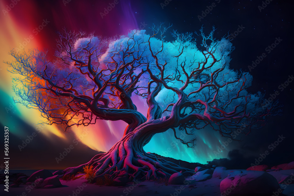 Mythical Yggdrasil. World Tree with Aurora Polar Lights. Generative AI