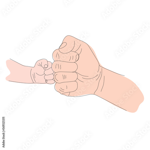 hands of father and child in fist, concept of power of two generations, fist of father and son, illustration for father's day