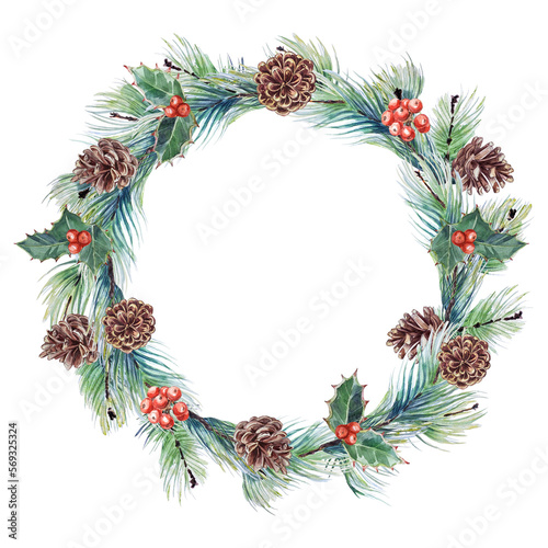 Watercolor wreath with pine branches, cones, holly and red berries on a transparent background. Winter decor and a holiday wreath.